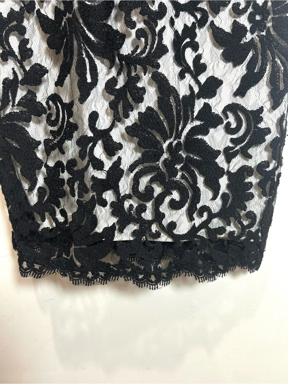 Tadashi Shoji Lace Dress Sz 8 Black Sleeveless Scallop Hem Sheath Cocktail Party